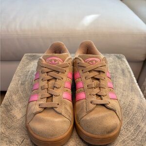 adidas Tan Suede Sneakers with Pink Stripes